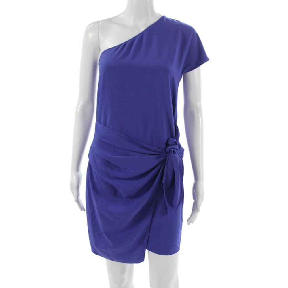Trouve Women Wrap Dress One Shoulder Knee Length Short Sleeve Blue Size 2XS